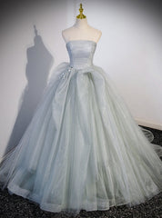 Gray Tulle Strapless Pleats Prom Dresses