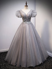 Gray Tulle V-neck Puff Sleeve Beading Prom Dresses