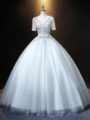 Gray Tulle V-neck Short Sleeve Appliques Quinceanera Dresses