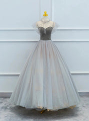 Gray Tulle Velvet Beading Prom Dresses