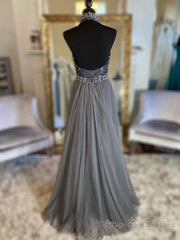 Gray v neck tulle beads long prom dress, gray tulle formal dress