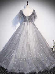 Gray V Neck Tulle Long Prom Dress, Gray Tulle Sequin Evening Dress