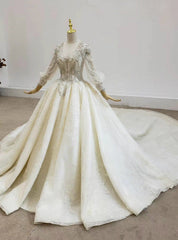 Great Choice Champagen Ball Gown Tulle Sequins V-neck Long Sleeve Beading Wedding Dresses