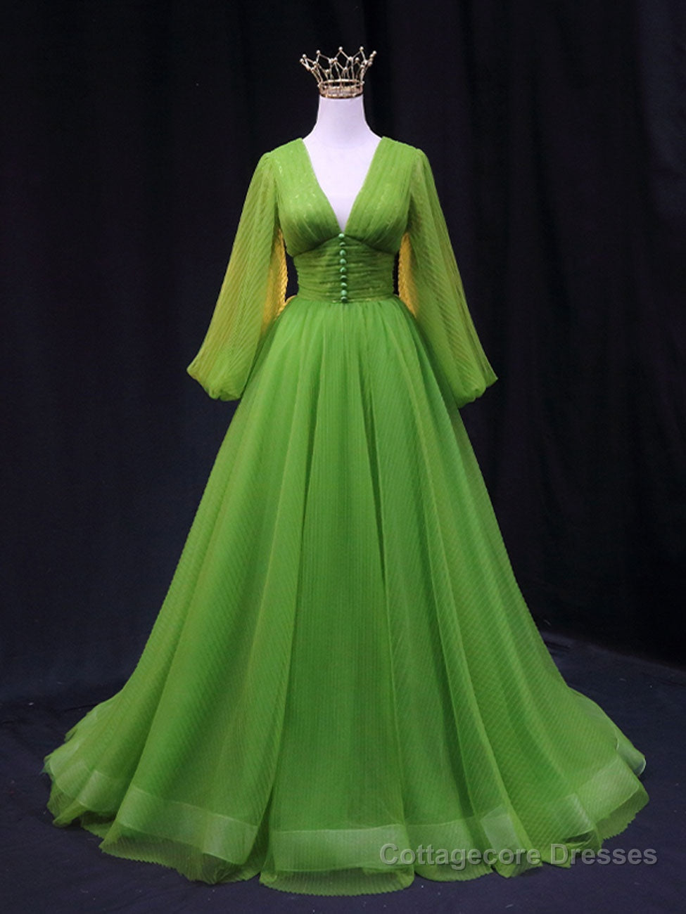 Green A Line Long Prom Dresses, V Neck Green Tulle Long Formal Evening Dresses