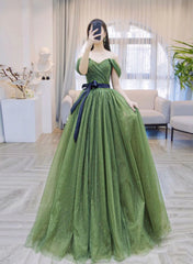 Green A-line Shiny Tulle Off Shoulder Party Dresses, Green Tulle Prom Dresses