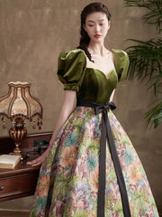 Green A-line Sweetheart Long Prom Dresses Evening Dresses, Green Floral Party Dresses