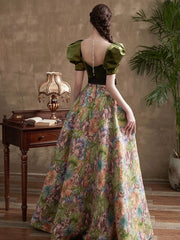 Green A-line Sweetheart Long Prom Dresses Evening Dresses, Green Floral Party Dresses