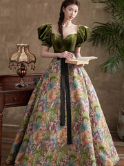 Green A-line Sweetheart Long Prom Dresses Evening Dresses, Green Floral Party Dresses