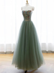 Green A-line Tulle with Lace Applique Long Formal Dress, Green Prom Dress