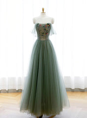 Green A-line Tulle with Lace Applique Long Formal Dress, Green Prom Dress