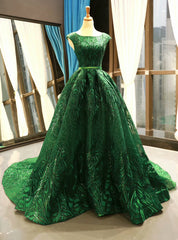 Green Ball Gown Lace Sequins Backless Cap Sleeve Prom Dresses