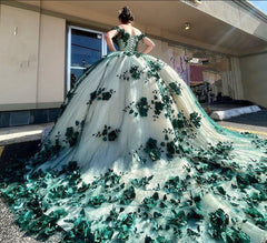 Green Ball Gown Off Shoulder 3D Flowers Beads Applique Quinceanera Dresses