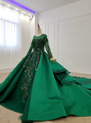 Green Ball Gown Satin Long Sleeve Beading Sequins Appliques Wedding Dresses