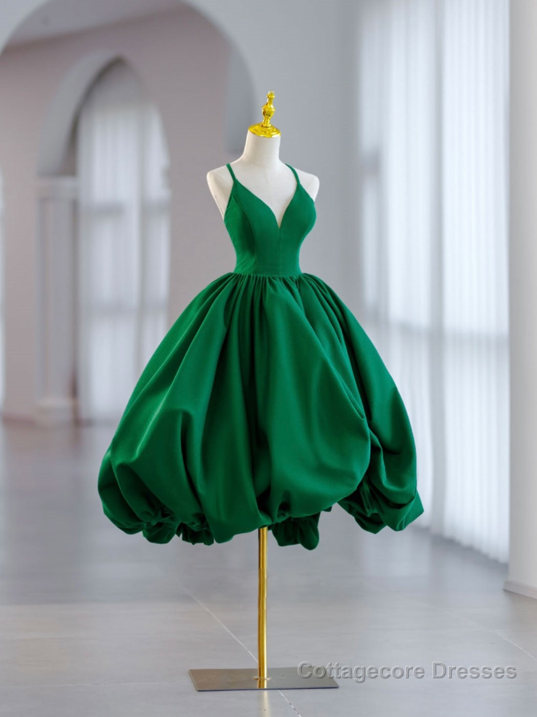 Green Ball Gown Satin Short Prom Dress, Green Satin Evening Dress