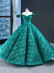 Green Ball Gown Sequins Off the Shoulder Floor Length Prom Dresses