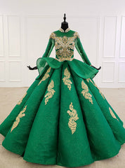 Green Ball Gown Tulle High Neck Long Sleeve Beading Crystal Wedding Dresses