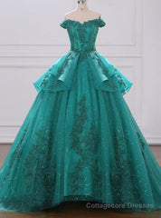 Green Ball Gown Tulle Lace Layered Off The Shoulder Quinceanera Dress