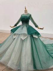 Green Ball Gown Tulle Long Sleeve Beading Wedding Dresses