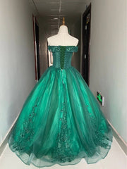 Green Ball Gown Tulle Off Shoulder with Lace Applique, Green Sweet 16 Dress Party Dress