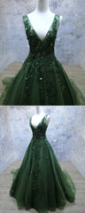 Green Beaded and Lace V-neckline Low Back Long Party Dresses, Green Evening Dresses Party Dresses