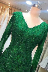 Green Beaded Lace Bride Mothers Evening Gown Long Sleeve