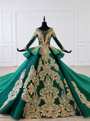 Green Bll Gown Satin Gold Appliques Long Sleeve Backless Wedding Dresses