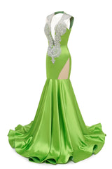 Green Deep V Neck Mermaid Satin Prom Dresses Sparkly Beaded Pageant Crystals Evening Formal Dresses