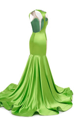 Green Deep V Neck Mermaid Satin Prom Dresses Sparkly Beaded Pageant Crystals Evening Formal Dresses