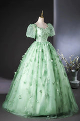 Green Flower Lace Long Prom Dresses with Sleeves, Green Formal Dresses