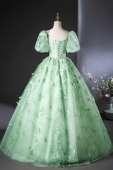 Green Flower Lace Long Prom Dresses with Sleeves, Green Formal Dresses