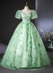 Green Flower Lace Long Prom Dresses with Sleeves, Green Formal Dresses