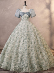 Green Gray Short Sleeve Lace Flower Quinceanera Dresses