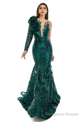 Turquoise Green Mermaid One Sleeve Prom Dresses Sequined Lace Jewel Ruffles Evening Party Dress with Appliques