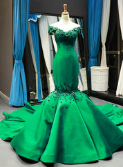 Green Mermaid Satin Off the Shoulder Appliques Prom Dresses With Train