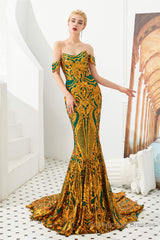 Mermaid Sequined Sheath Off Shoulde Prom Dresses with Fitted Bodice