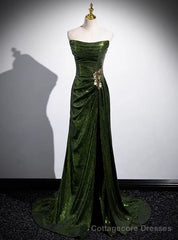 Green Mermaid Sequins Strapless Pleats Prom Dress