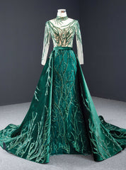 Green Mermaid Velvet High Neck Long Sleeve Sequins Prom Dresses With Removable Train