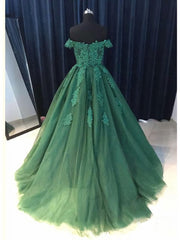 Green Off Shoulder Ball Gown Party Dresses, Gorgeous Tulle Evening Formal Dresses