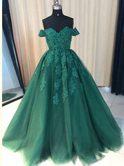 Green Off Shoulder Ball Gown Party Dresses, Gorgeous Tulle Evening Formal Dresses