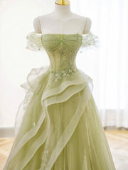 Green Off Shoulder Lace Long Prom Dress, Green Formal Dress