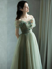 Green Off Shoulder with Flowers Tulle Long Party Dresses, Green Prom Dresses