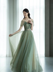 Green Off Shoulder with Flowers Tulle Long Party Dresses, Green Prom Dresses