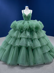 Green Princess Tiers Apghetti Straps Prom Dresses