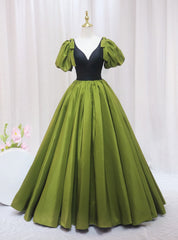 Green Puff Sleeve Satin V-neck Prom Dresses