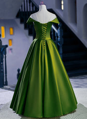 Green Round Neckline A-line Simple Party Dress, Green Satin Prom Dress