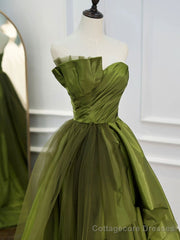 Green Ruffle Tiered Prom Dresses Strapless, Green Long Party Dress