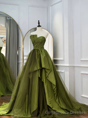 Green Ruffle Tiered Prom Dresses Strapless, Green Long Party Dress