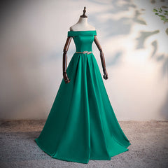 Green Satin A-line Long Off Shoulder Simple Prom Dress, Green Formal Dress Evening Dress