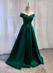 Green Satin A-line Off Shoulder Floor Length Party Dresses Green Prom Dresses prom Dresses shops