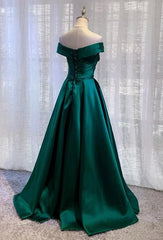 Green Satin A-line Off Shoulder Floor Length Party Dresses Green Prom Dresses prom Dresses shops